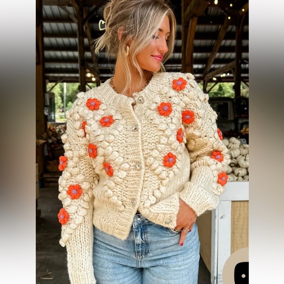 no brand Sweaters - Beige orange floral embroidered chunky bubble sleeve cardigan bohemian sweater